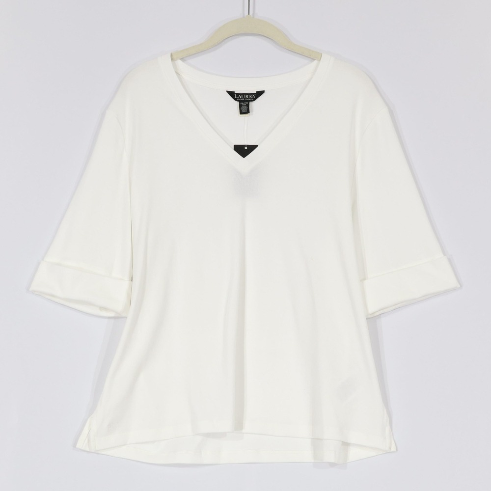Lauren Ralph Lauren Knit Top Womens XXL White V-Neck Cuffed Elbow Sleeve $50 NWT